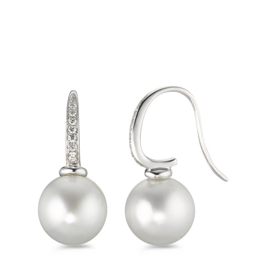 Drop Earrings 18k White Gold Diamond 0.14 ct, 14 Stones, w-si Tahitian pearl White, 2 Pearls, 10 mm