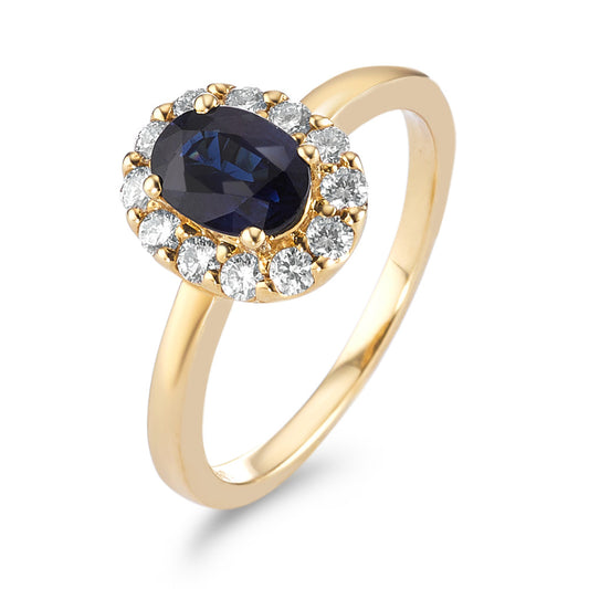 Ring 18k Yellow Gold Sapphire 0.94 ct, Diamond 0.40 ct, 12 Stones, brilliant, w-si