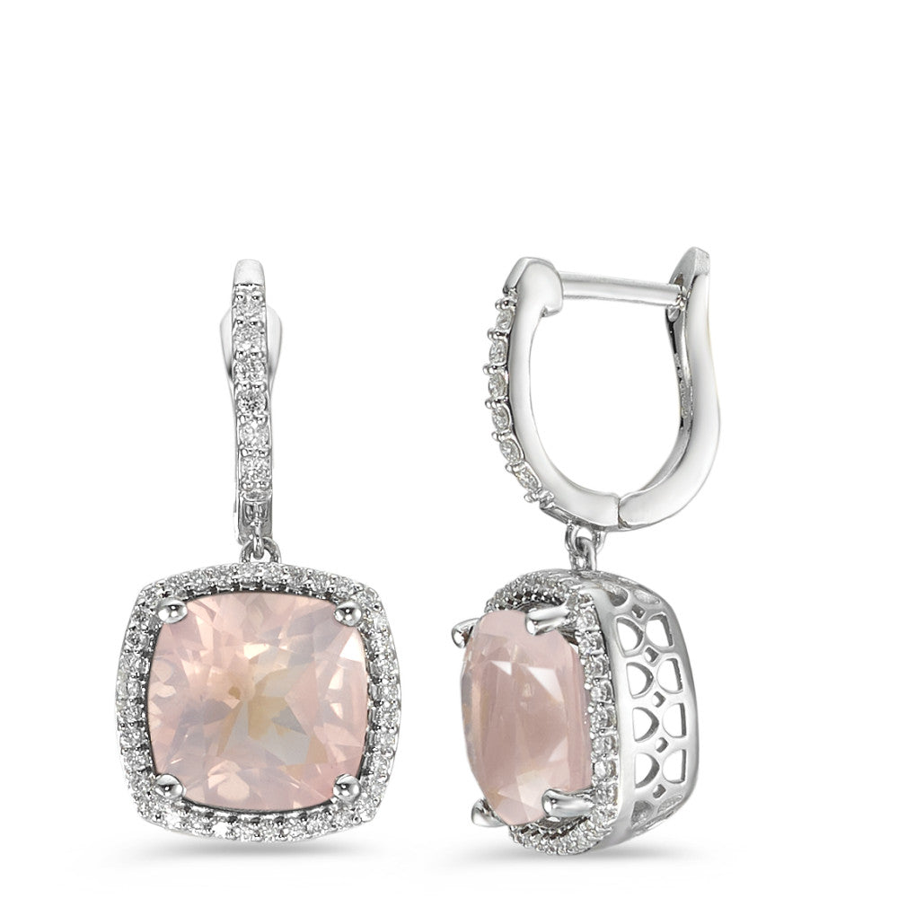 Drop Earrings 18k White Gold Rose Quartz Rose, Diamond White, 0.25 ct, 76 Stones, w-si