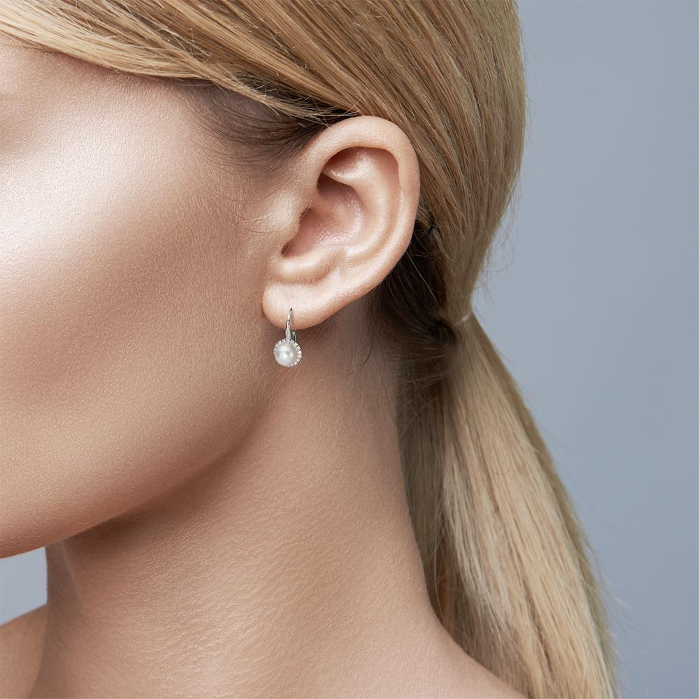 Drop Earrings 18k White Gold Diamond 0.36 ct, w-si Freshwater pearl White, 8 mm