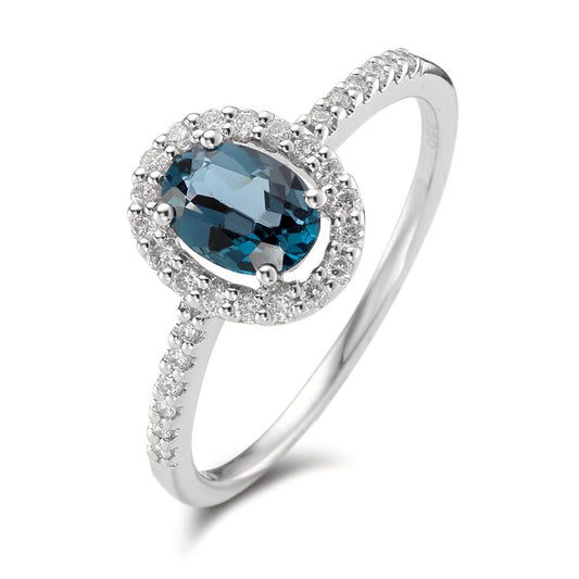 Ring 18k White Gold London Blue Topaz oval, Diamond White, 0.19 ct, w-si