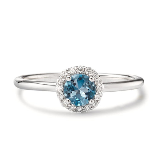 Ring 18k White Gold London Blue Topaz, Diamond 0.11 ct, 16 Stones, brilliant, w-si