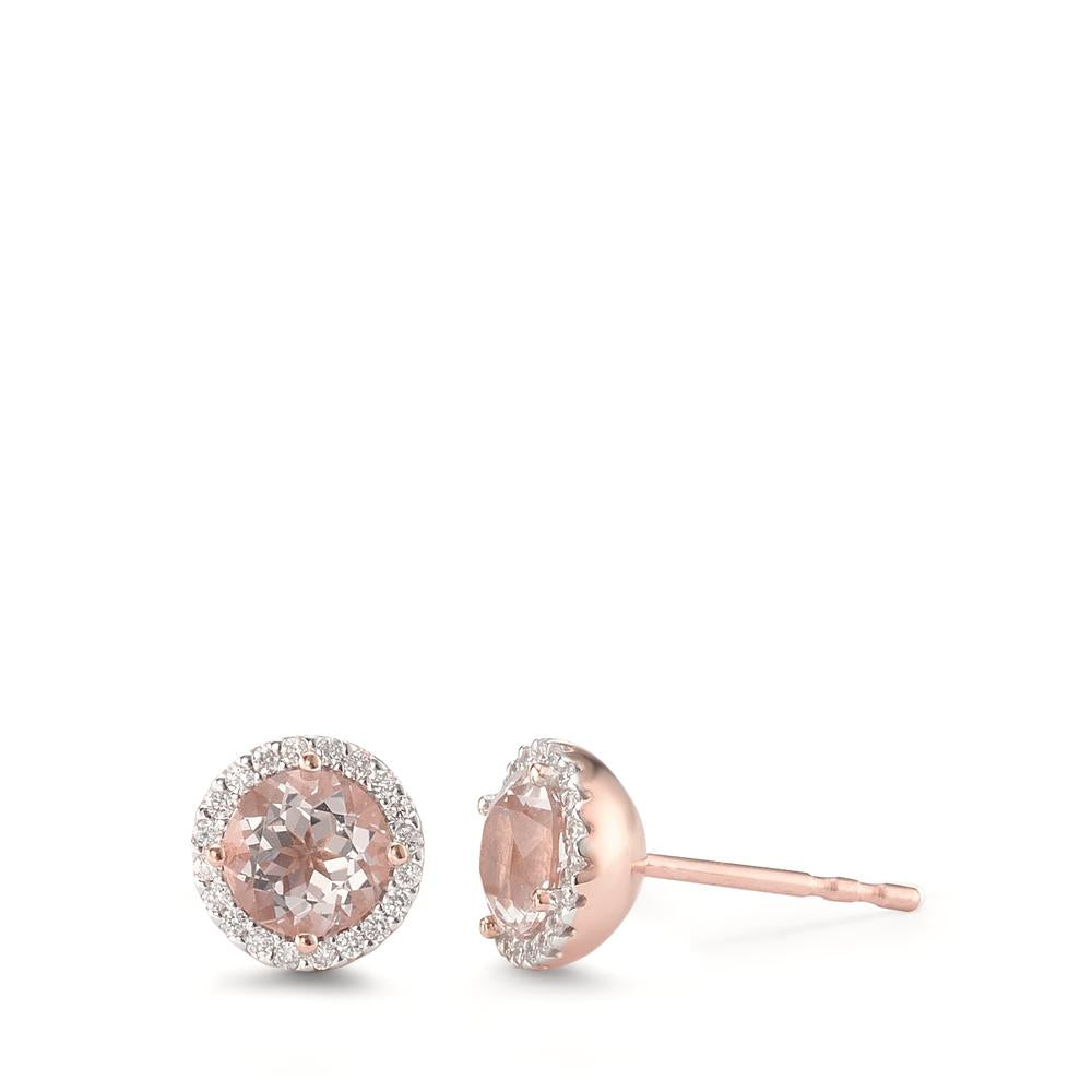 Stud earrings 18k Red Gold Morganite 2 Stones, Diamond 0.12 ct, 40 Stones, brilliant, w-si Ø7 mm