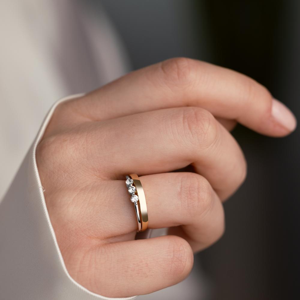 Ring 9k Yellow Gold, 9k White Gold Zirconia 3 Stones Bicolor