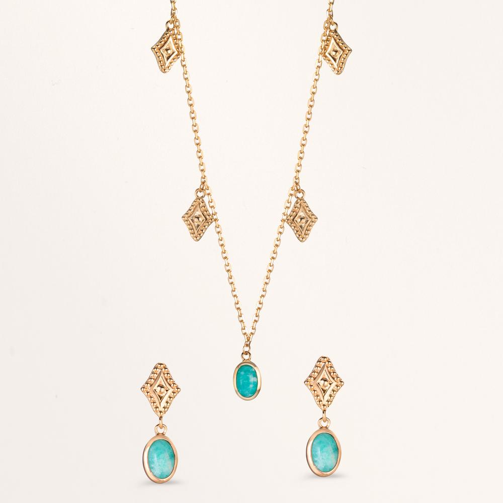 Drop Earrings Bronze Amazonite 2 Stones Gold plated