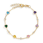 Bracelet Silver Zirconia Colorful, 11 Stones Yellow Gold plated Heart