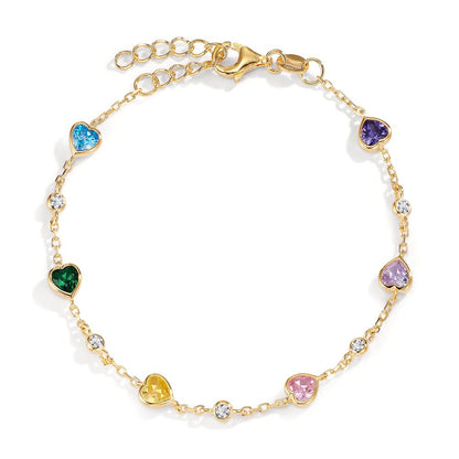 Bracelet Silver Zirconia Colorful, 11 Stones Yellow Gold plated Heart