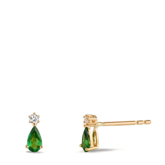 Stud earrings 18k Yellow Gold Garnet Green, 2 Stones, Diamond 0.05 ct, w-si