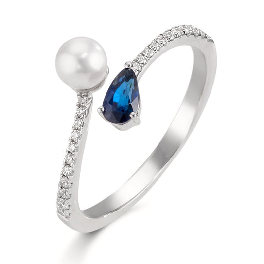 Ring 18k White Gold Diamond 0.105 ct, w-si, Sapphire Akoya pearls 3.5-4 mm