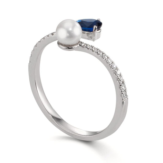 Ring 18k White Gold Diamond 0.105 ct, w-si, Sapphire Akoya pearls 3.5-4 mm