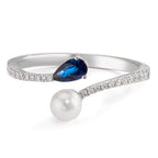 Ring 18k White Gold Diamond 0.105 ct, w-si, Sapphire Akoya pearls 3.5-4 mm