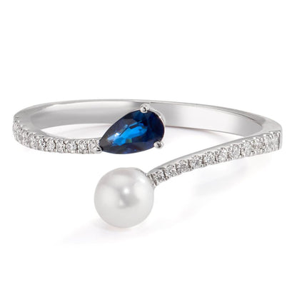 Ring 18k White Gold Diamond 0.105 ct, w-si, Sapphire Akoya pearls 3.5-4 mm