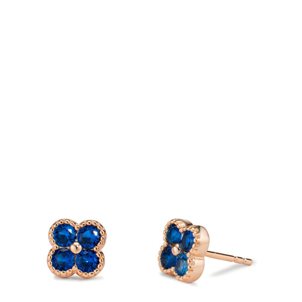 Stud earrings Silver Zirconia Sapphire blue, 8 Stones Rose Gold plated Flower Ø7.5 mm
