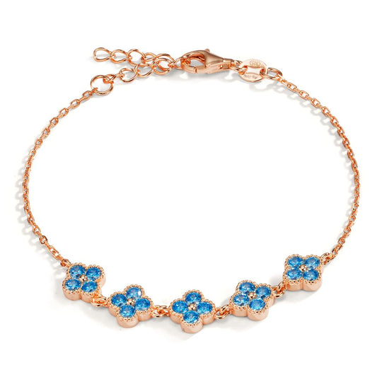 Bracelet Silver Zirconia Light Blue, 20 Stones Rose Gold plated Flower 16-19 cm