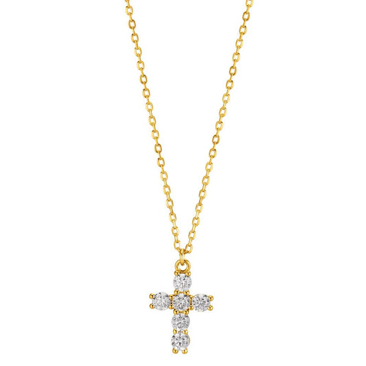 Necklace Silver Zirconia Yellow Gold plated Cross 40-45 cm