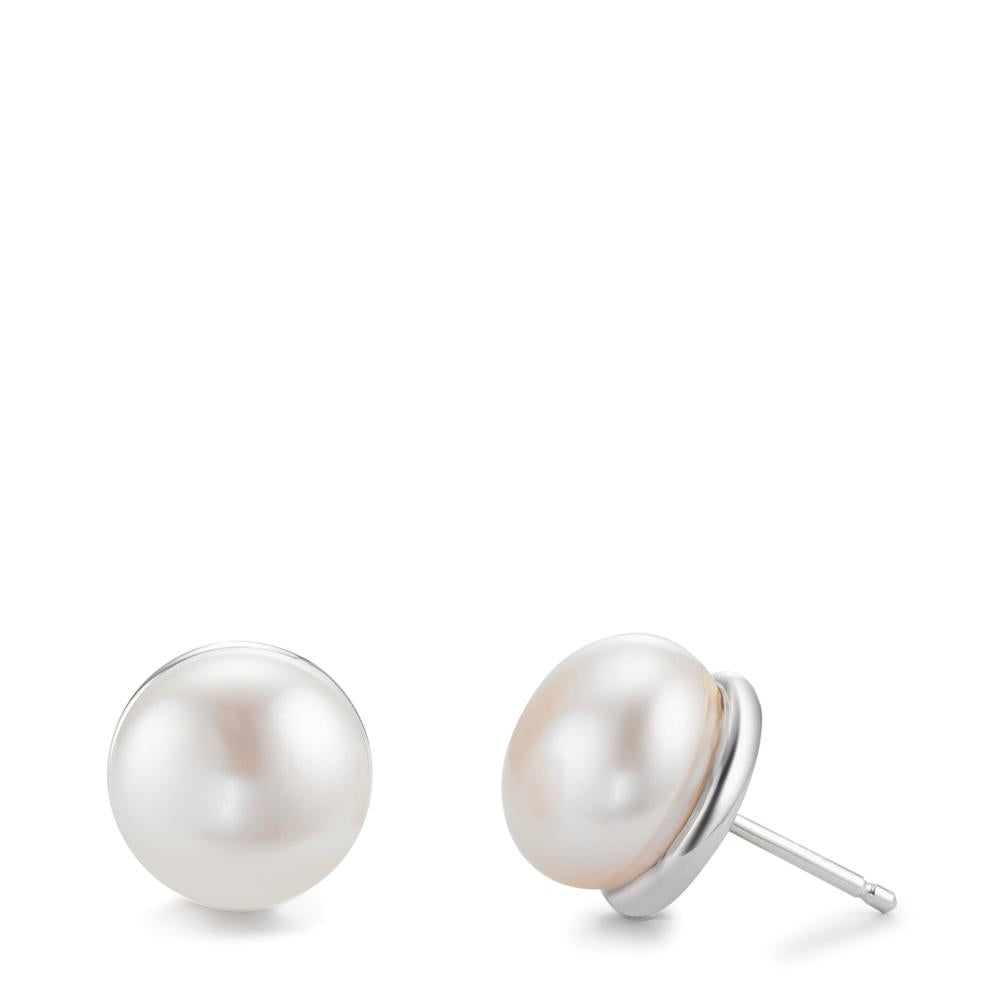 Stud earrings Silver Rhodium plated Freshwater pearl, 2 Pearls, 11 mm Ø11 mm