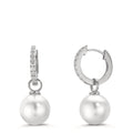 Hinged hoop Silver Zirconia 18 Stones Rhodium plated Shining pearls, 2 Pearls, 10 mm