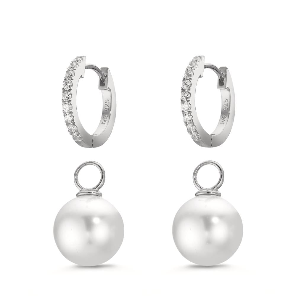 Hinged hoop Silver Zirconia 18 Stones Rhodium plated Shining pearls, 2 Pearls, 10 mm