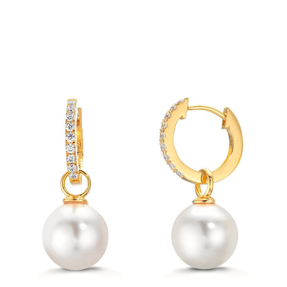 Hinged hoop Silver Zirconia 18 Stones Yellow Gold plated Shining pearls, 2 Pearls, 10 mm