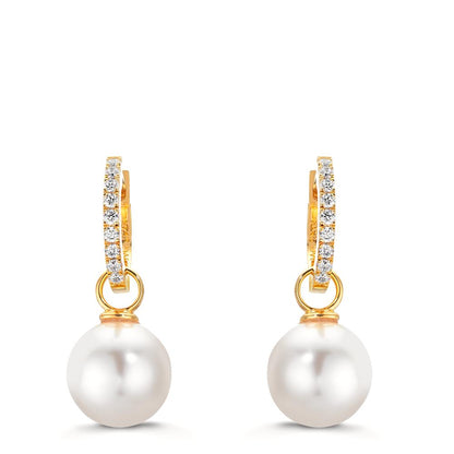 Hinged hoop Silver Zirconia 18 Stones Yellow Gold plated Shining pearls, 2 Pearls, 10 mm