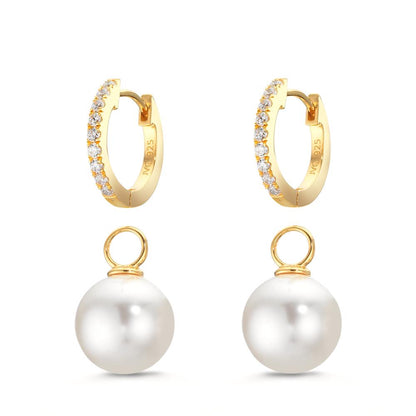 Hinged hoop Silver Zirconia 18 Stones Yellow Gold plated Shining pearls, 2 Pearls, 10 mm