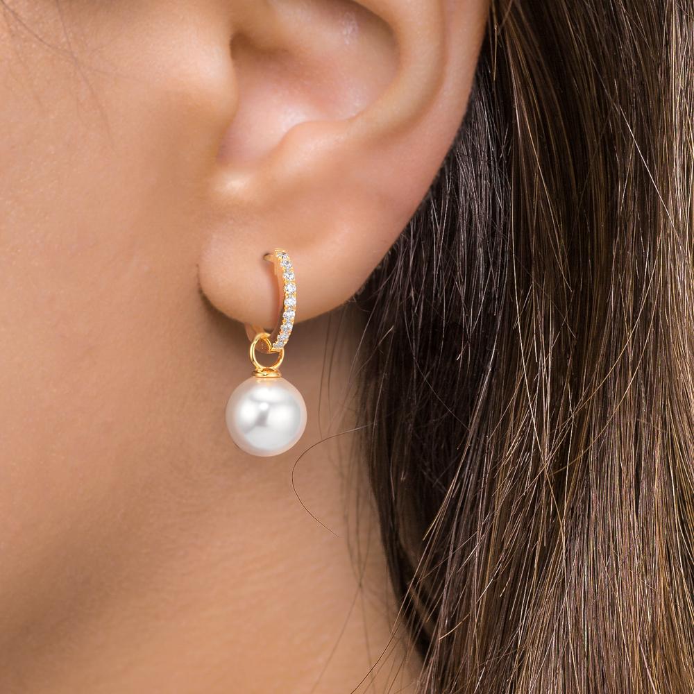 Hinged hoop Silver Zirconia 18 Stones Yellow Gold plated Shining pearls, 2 Pearls, 10 mm