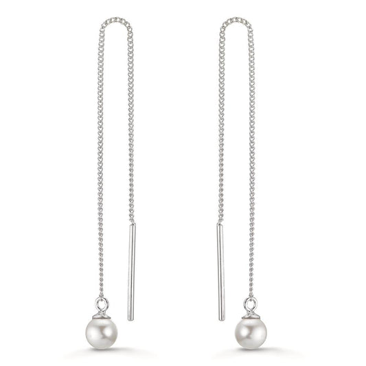 Threader Earrings Silver Rhodium plated Shining pearls, 2 Pearls, 5 mm