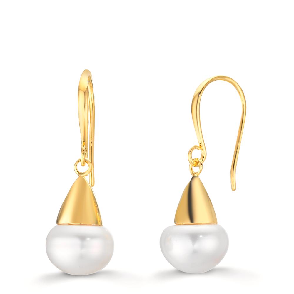 Drop Earrings Silver Yellow Gold plated Freshwater pearl, 2 Pearls, 9 mm