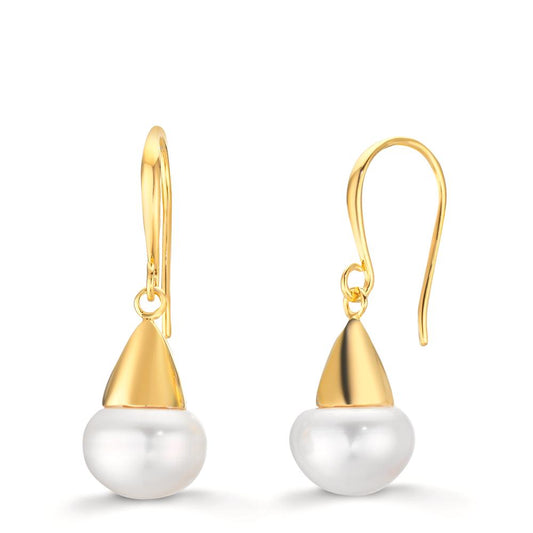 Drop Earrings Silver Yellow Gold plated Freshwater pearl, 2 Pearls, 9 mm