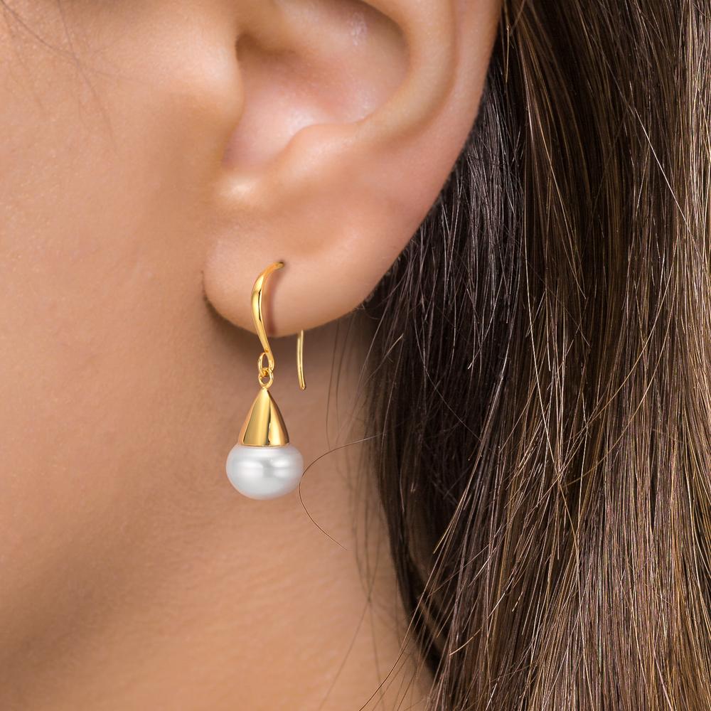Drop Earrings Silver Yellow Gold plated Freshwater pearl, 2 Pearls, 9 mm