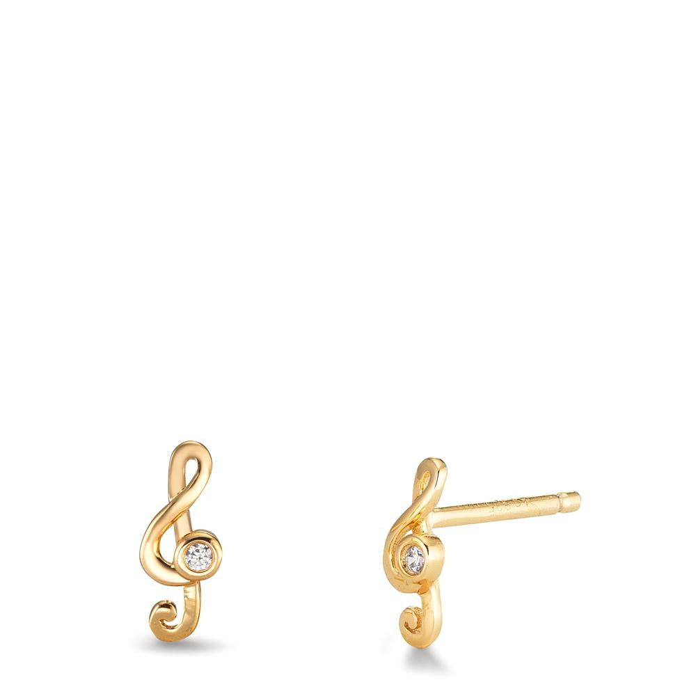 Stud earrings Silver Zirconia 2 Stones Yellow Gold plated Treble Clef