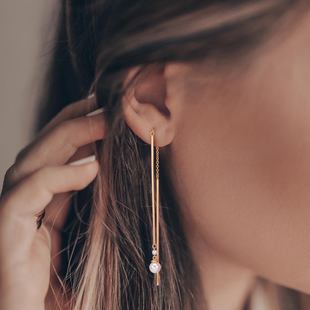 Threader Earrings 18k Red Gold Diamond 0.06 ct, 2 Stones, tw-si Akoya pearls, 2 Pearls, 4.5 mm