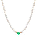 Necklace 18k Red Gold Synthetic Emerald Freshwater pearl, 3.5 mm Heart 40-44 cm