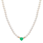 Necklace 18k Red Gold Synthetic Emerald Freshwater pearl, 3.5 mm Heart 40-44 cm