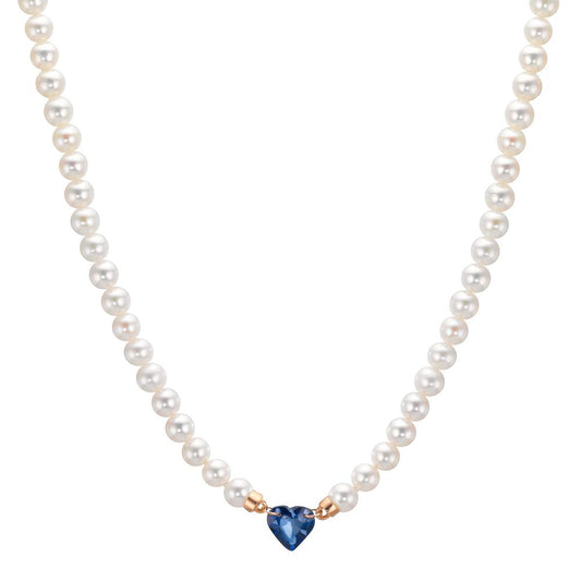 Necklace 18k Red Gold Sapphire 0.58 ct Freshwater pearl, 3.5 mm Heart 40-44 cm