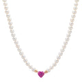 Necklace 18k Red Gold Ruby 0.62 ct Freshwater pearl, 3.5 mm Heart 40-44 cm