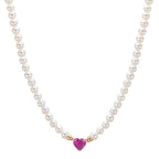 Necklace 18k Red Gold Ruby 0.62 ct Freshwater pearl, 3.5 mm Heart 40-44 cm