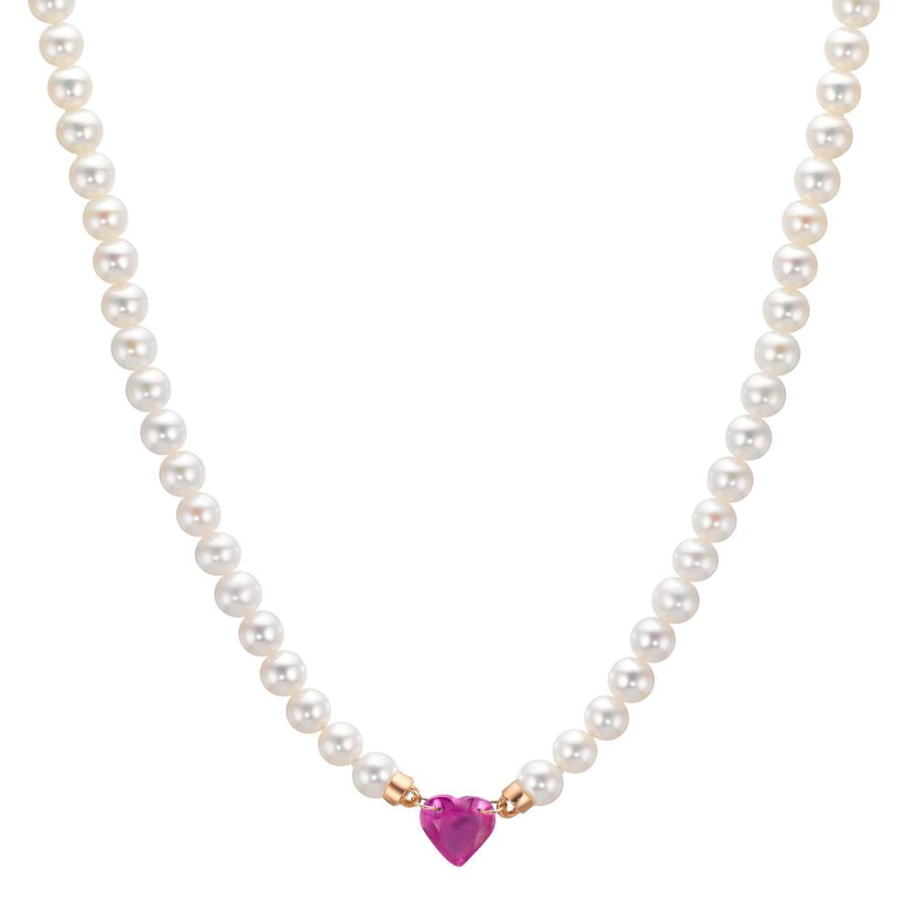 Necklace 18k Red Gold Ruby 0.62 ct Freshwater pearl, 3.5 mm Heart 40-44 cm