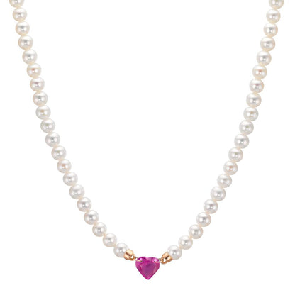 Necklace 18k Red Gold Ruby 0.62 ct Freshwater pearl, 3.5 mm Heart 40-44 cm