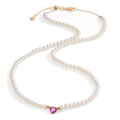 Necklace 18k Red Gold Ruby 0.62 ct Freshwater pearl, 3.5 mm Heart 40-44 cm