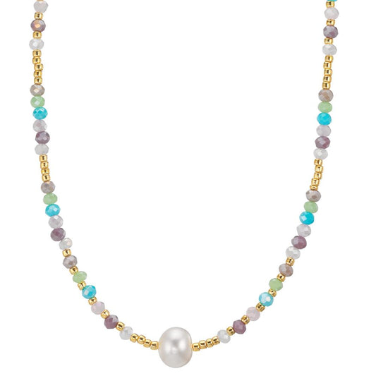 Necklace Stainless steel Crystal Multicolored Yellow IP coated Freshwater pearl, 8 mm 42 cm