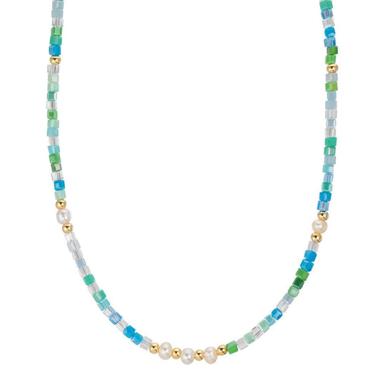 Necklace Stainless steel Crystal Yellow IP coated Freshwater pearl, 5 Pearls, 4.5 mm 43 cm