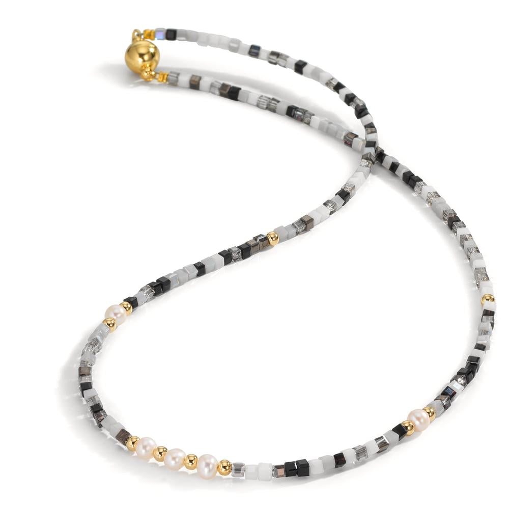 Necklace Stainless steel Crystal Yellow IP coated Freshwater pearl, 5 Pearls, 4.5 mm 43 cm