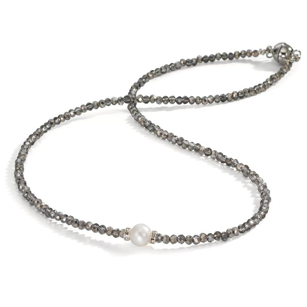 Necklace Stainless steel Crystal Gray Freshwater pearl 6.5-7 mm 43 cm