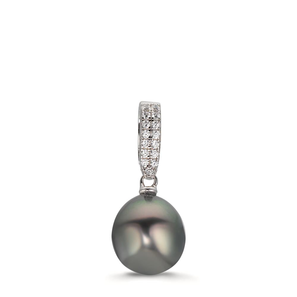 Pendant Silver Zirconia 20 Stones Rhodium plated Tahitian pearl 10-11 mm