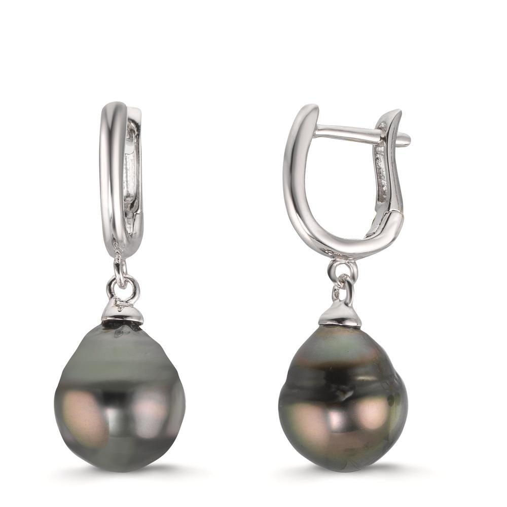 Hinged hoop Silver Rhodium plated Tahitian pearl, 2 Pearls 9-10 mm