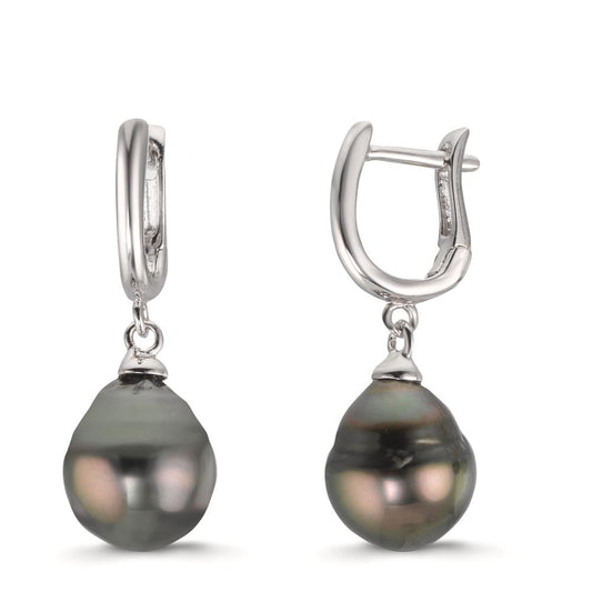 Hinged hoop Silver Rhodium plated Tahitian pearl, 2 Pearls 9-10 mm