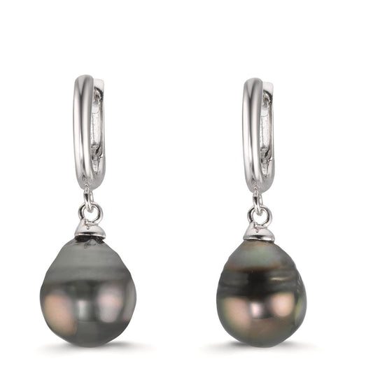 Hinged hoop Silver Rhodium plated Tahitian pearl, 2 Pearls 9-10 mm