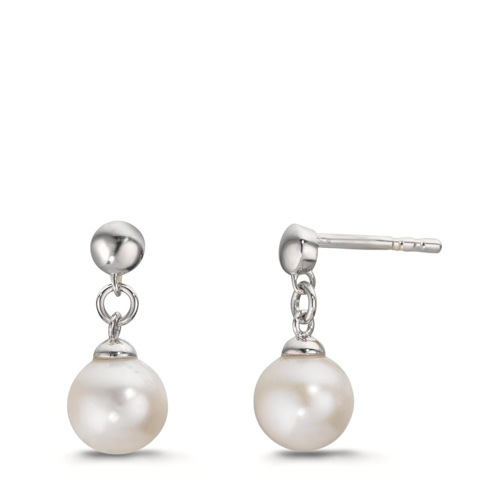 Drop Earrings Silver Rhodium plated Freshwater pearl, 2 Pearls, 6.5 mm