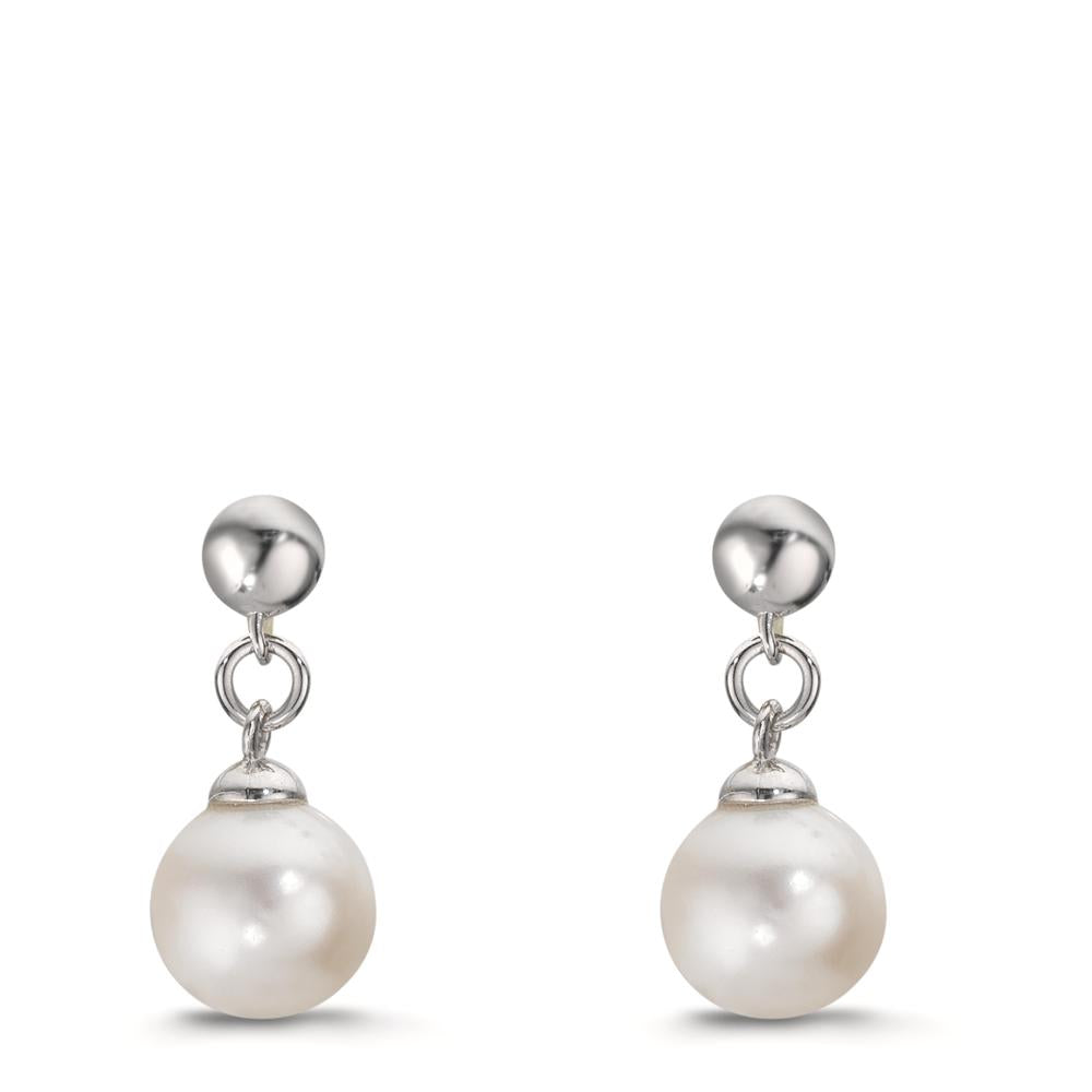 Drop Earrings Silver Rhodium plated Freshwater pearl, 2 Pearls, 6.5 mm